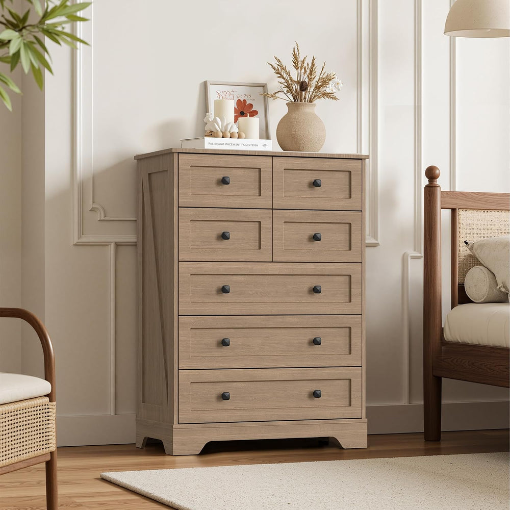 7 Drawers Tall Dressers for Bedroom, 44" Wood Chest of Drawers with Meta...