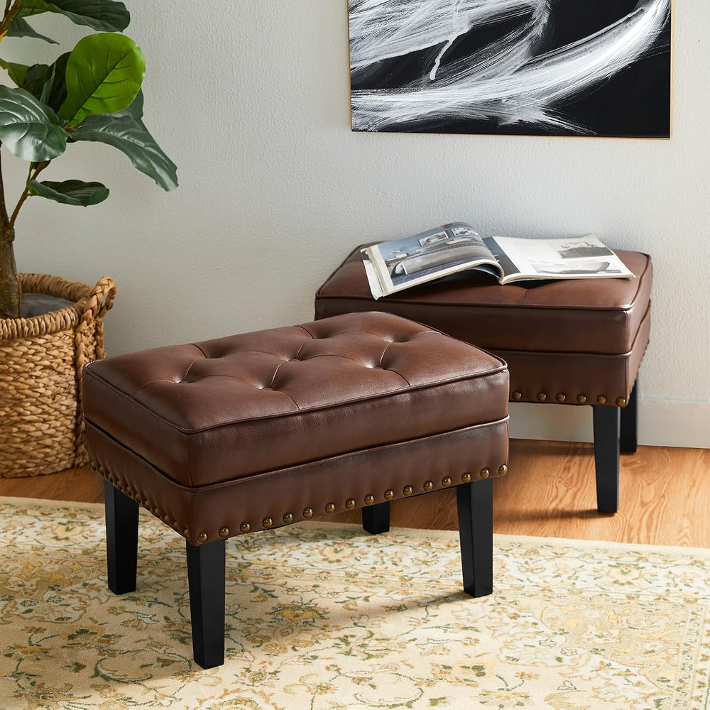 Glitzhome Set of 2 Faux Leather Foot Stool, Mid Century Modern Foot Stools Ot...