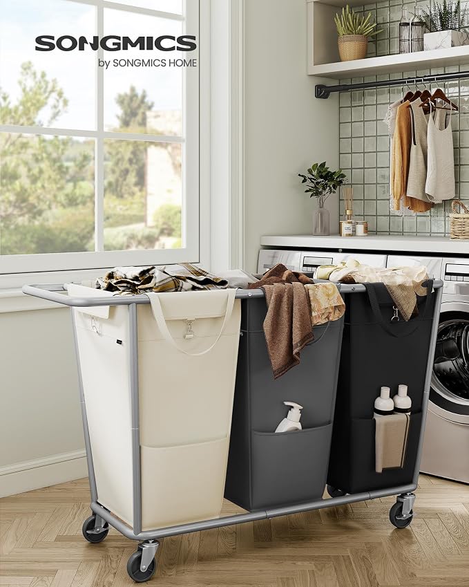 SONGMICS Laundry Basket with Wheels, 76.6 Gallons, 3-Section Rolling Laundry - Image 2