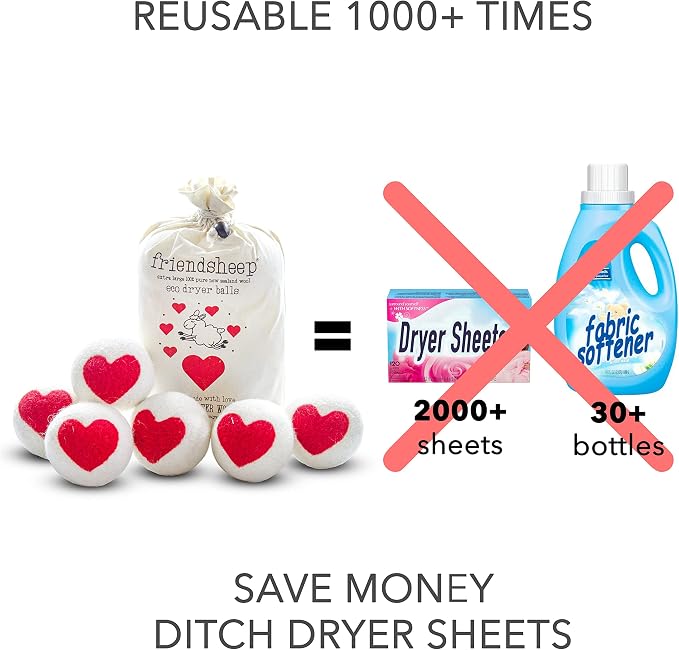 Friendsheep Wool Dryer Balls Red Heart 6 Pack XL Organic Premium Reusable - Image 3