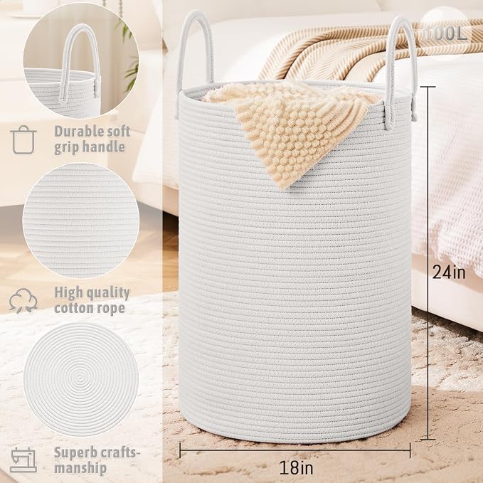 Laundry Basket, Woven Cotton Rope Laundry Hamper, 100L - Image 6