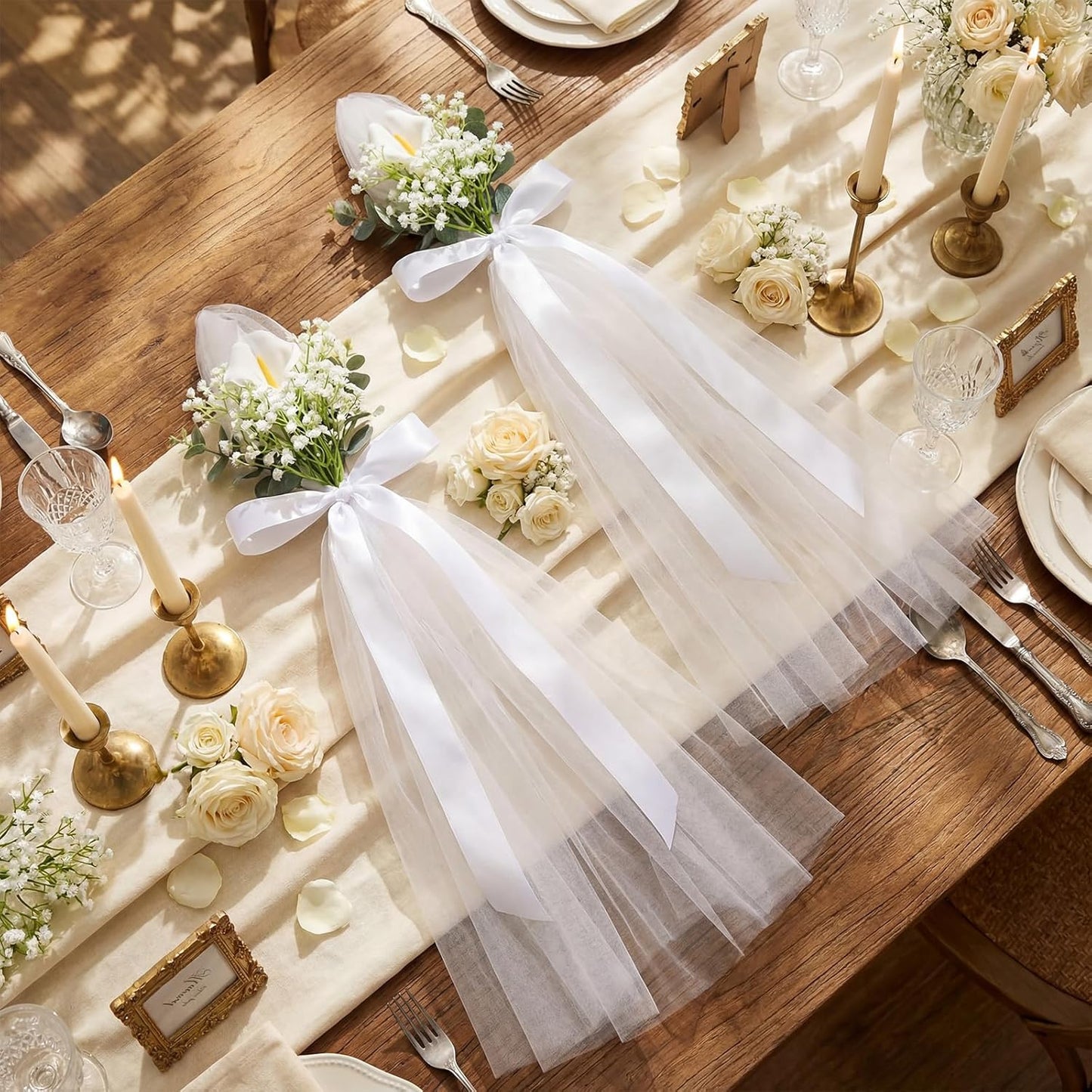 24 Set Wedding Aisle Chair Decorations Pew Flowers White Tulle Tails Chair Sashes with Ribbons and Artificial Baby's Breath for Wedding Church Ceremony Chairs Banquet Bulk (White Calla Lily)