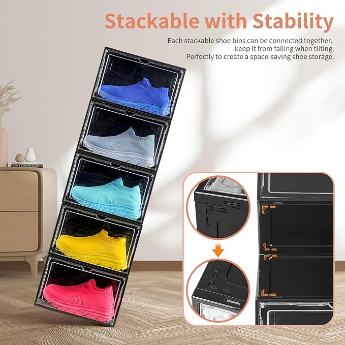 12 Pack Black Shoe Boxes Stackable, Large Shoe Storage Organizer - Image 3
