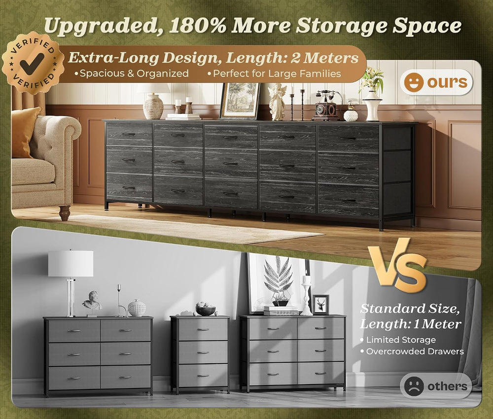Huuger 78.7 inch Long Dresser for Bedroom, 15 Drawer Fabric Dresser for Close...