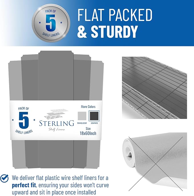 Shelf Liners for Wire Shelf System: Set of 5 in Graphite: 18 x 60 inch: Plastic - Image 3