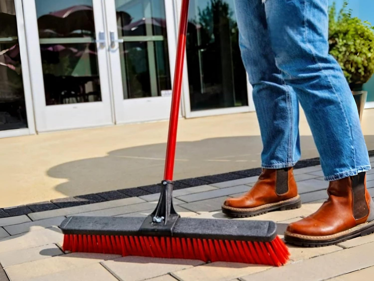 24" Heavy-Duty Push Brooms, Multi-Surface Rough Sweep Broom with Clamp & Bolt Handle, 3" Recycled PET Bristles for Concrete, Garage & Driveway