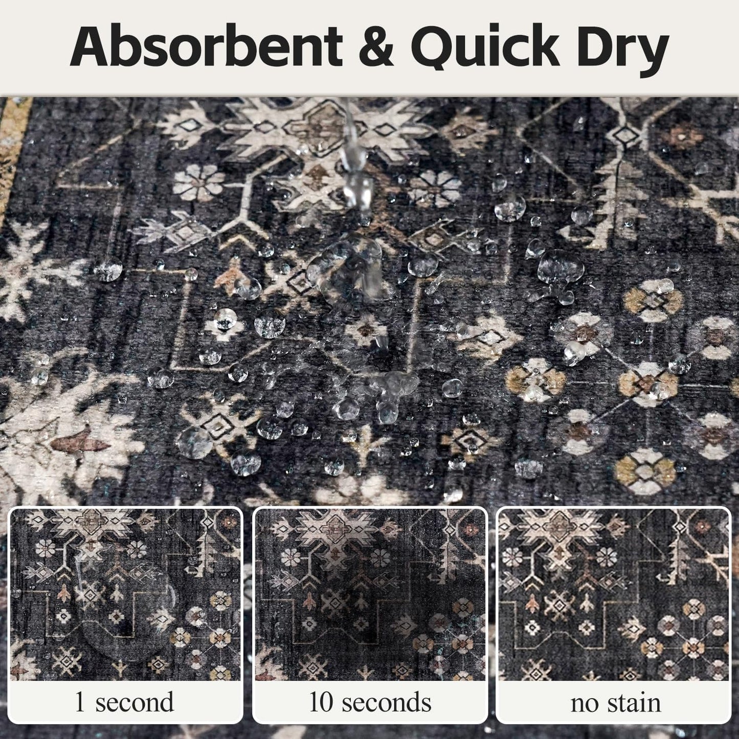 Thin Bath Mats for Bathroom Under Door, Vintage Boho Bathroom Rugs Non Slip with Rubber Backing, Quick Dry Washable Cute Small Bath Rug for Shower, Tub, Sink Floor, Black,1'5"x2'3"