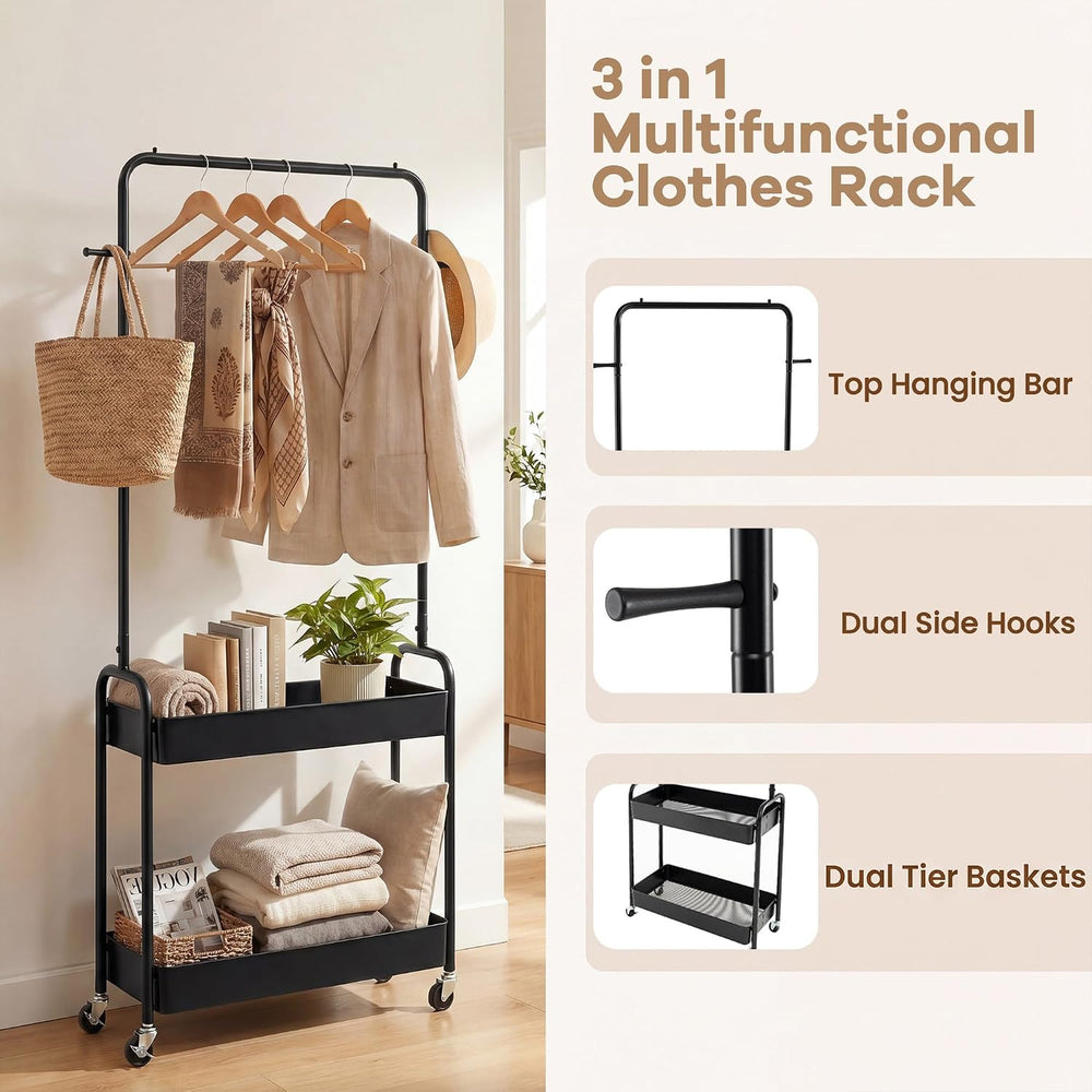 COSTWAY 3 in 1 Rolling Metal Clothes Rack with 2 Baskets & Hooks (Black)