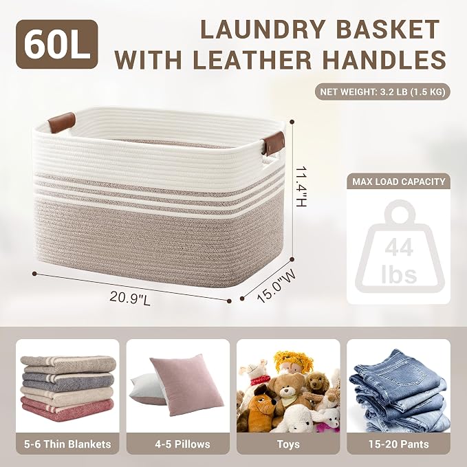 60L Large Laundry Basket with Leather Handles - Image 2