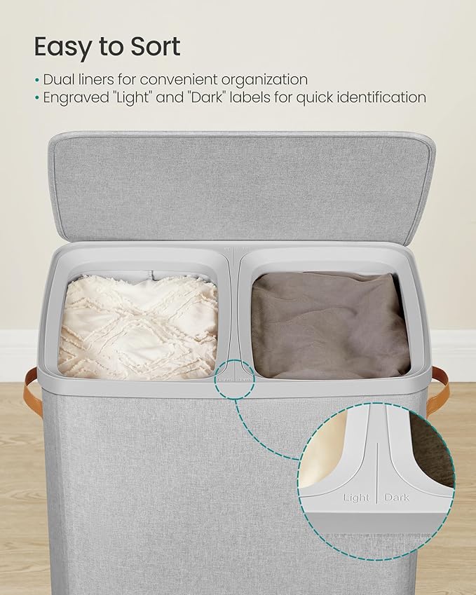 SONGMICS Laundry Basket, 44.9 Gal. Laundry Hamper, 2 Compartments, Easy Assembly - Image 3