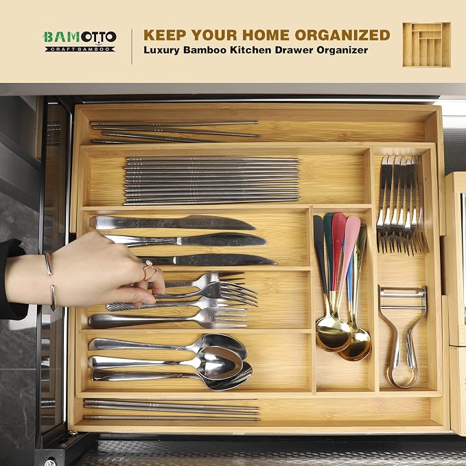 Expandable Bamboo Drawer Organizer – Large 20"x16.9" Size - Image 2