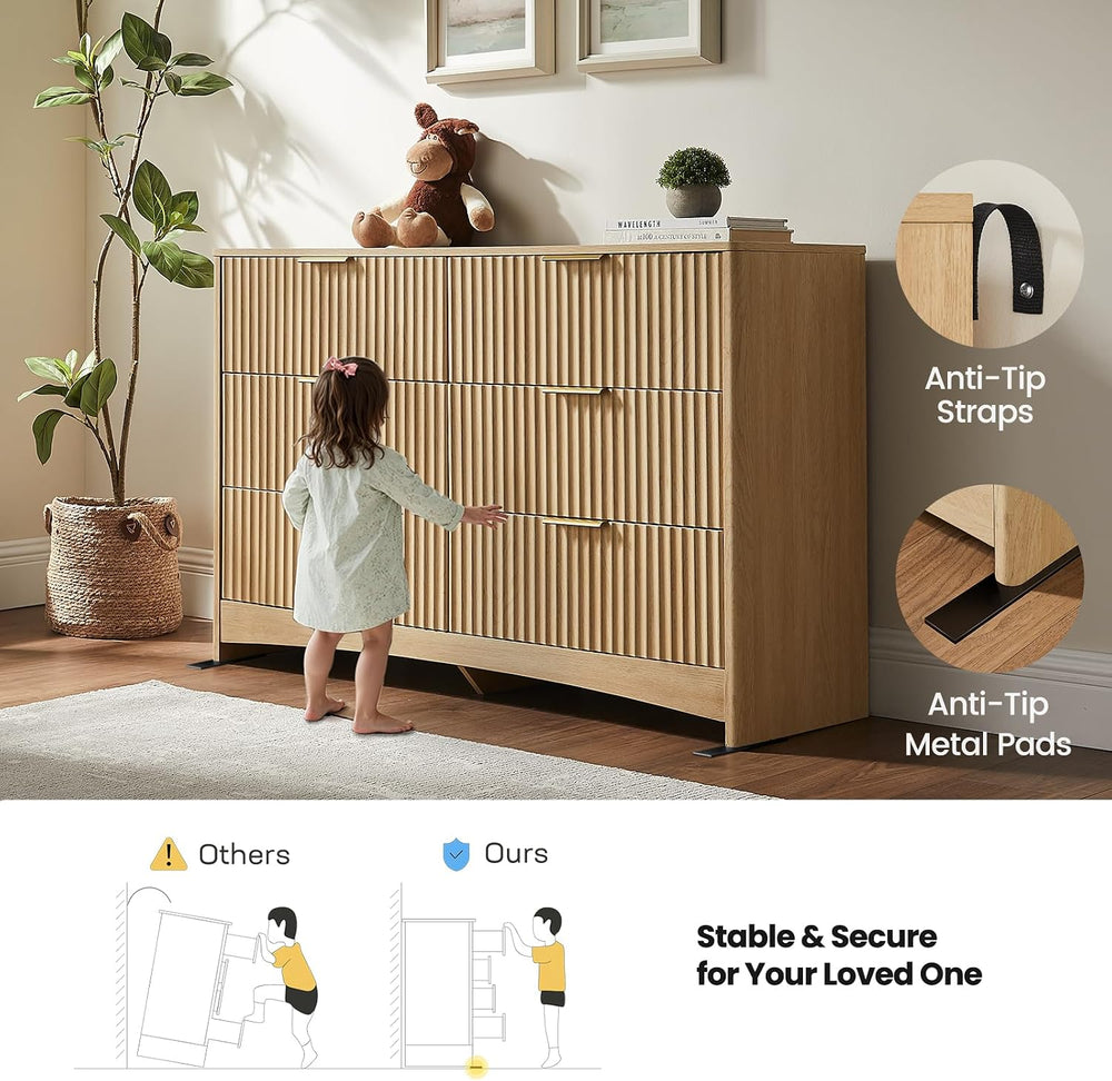 Amada Fluted 6 Drawer Dresser, Modern Wood Chest of Drawers, Natural Oak