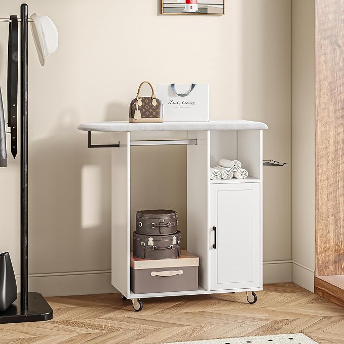Rolling Ironing Board with Storage Cabinet, Ironing Table with Heat-Resistant by LOCSEAR