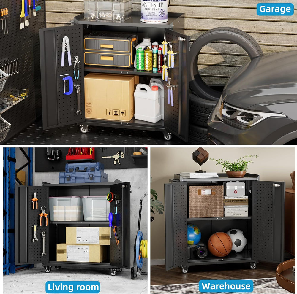 Aobabo 31.5" H Metal Storage Cabinet with Wheels and 2 Pegboards, Lockab...