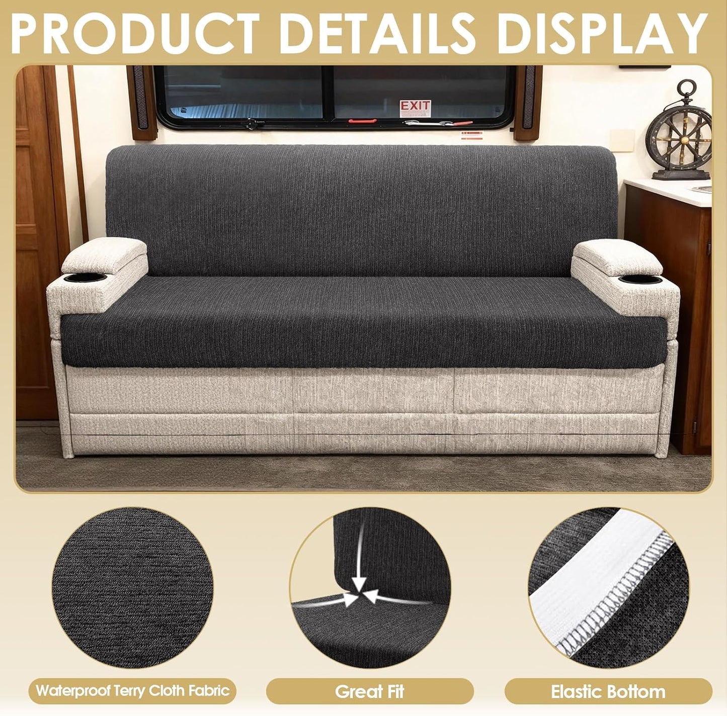 Waterproof RV Dinette Cushion Covers - Stretch Seat Slipcover, Washable RV Couch Cover Designed for Camper Car Bench (Sofa 1 Backrest Cover & 1 Bench Cover, Dark Grey)