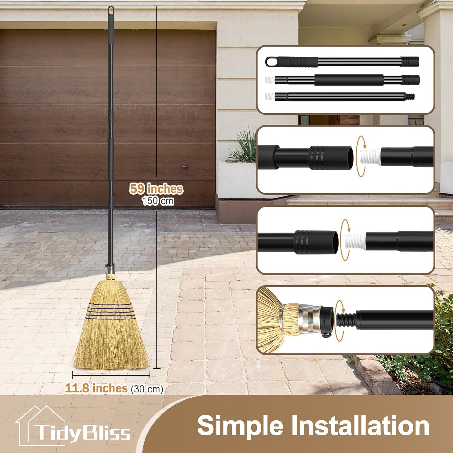 TidyBliss Corn Broom Heavy Duty, 59 inches Tall Household Indoor Outdoor Natural Straw Brush for Sweeping Garden, Garage, Yard, Porch, Patio, Sidewalk, Concrete, Stone Floors