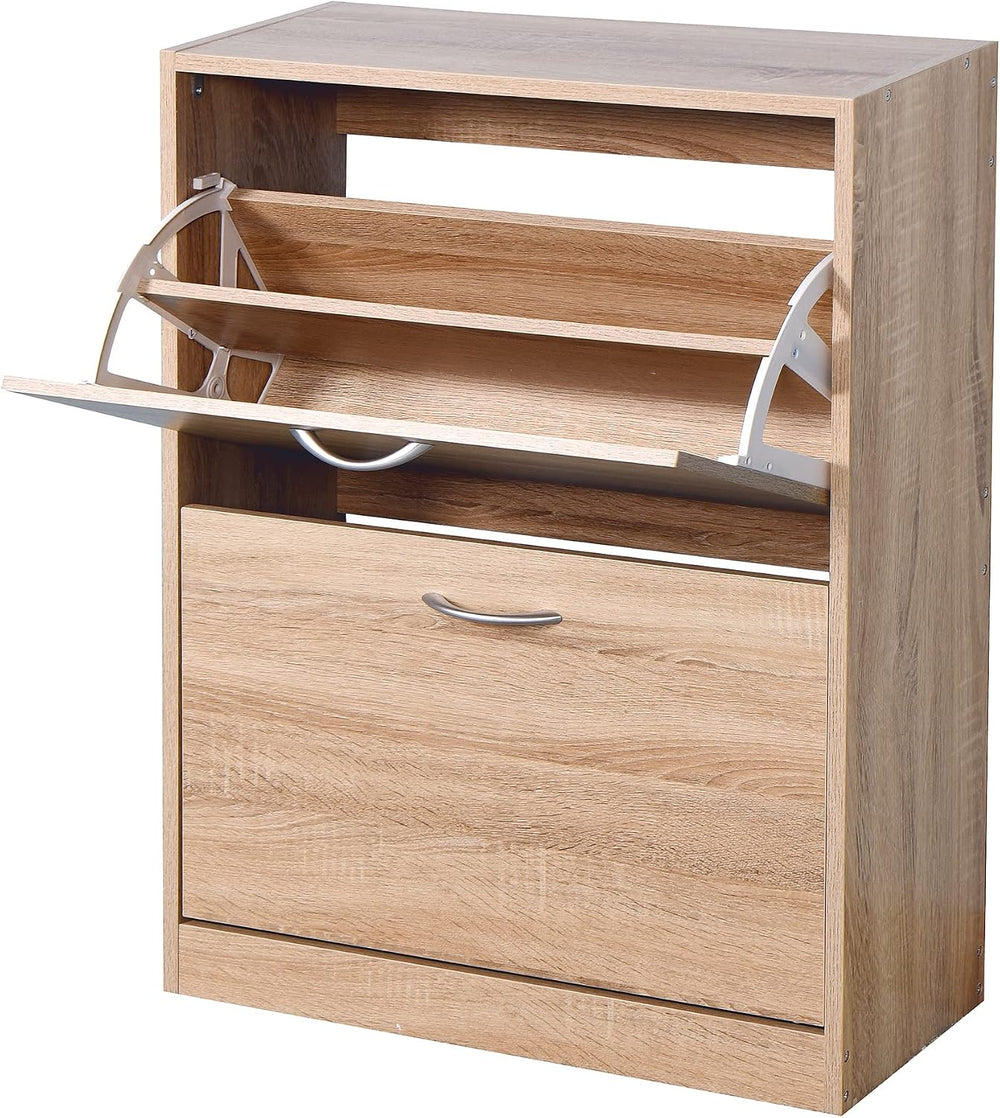 Shoe Cabinet, 2 Flip Drawers Wooden Freestanding Shoe Rack, Wooden Shoe Stora...