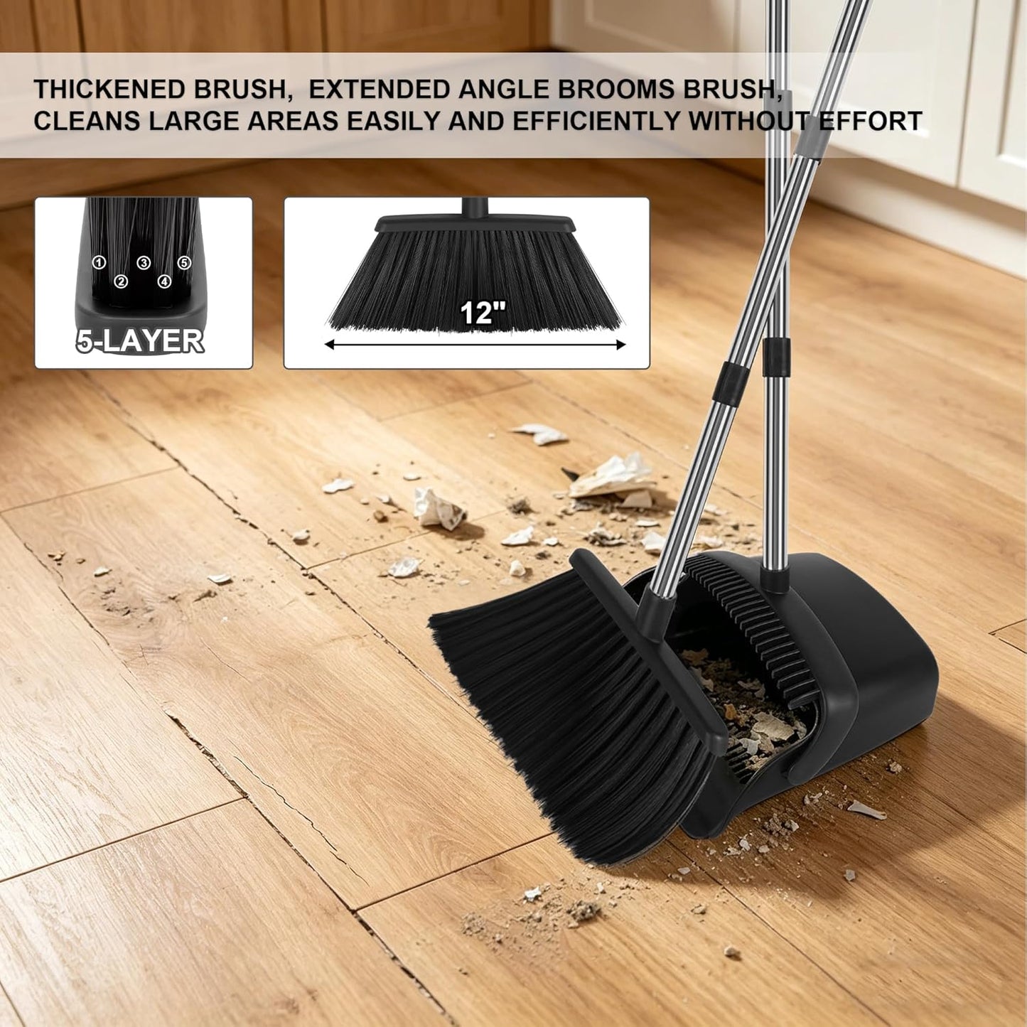 Broom and Dustpan Set 2 Pack, Upright Stand Up Broom and Dustpan Combo with Long Handles, Self-Cleaning Dustpan Teeth, Indoor Outdoor Sweeping Set for Home, Kitchen, Garage Pet Areas Black