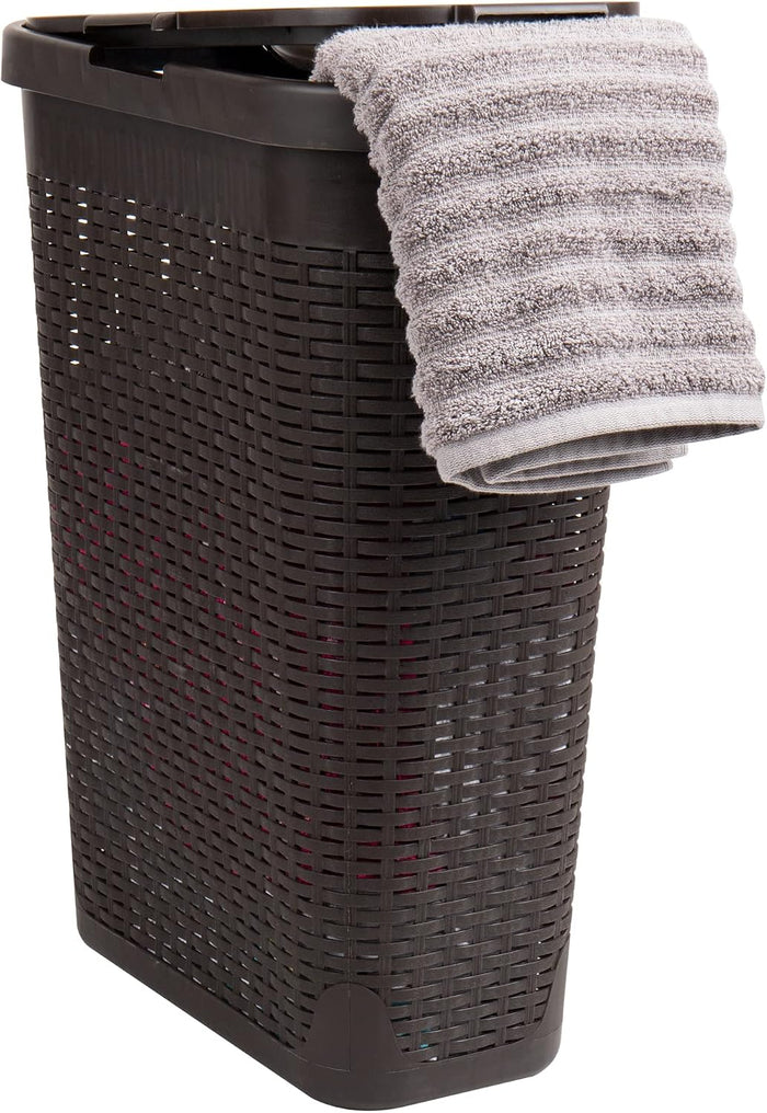 Mind Reader Slim Laundry Hamper with Lid, 40L Clothes Basket, Narrow Tapered Design with Ventilated Cutout Pattern, Plastic, Brown