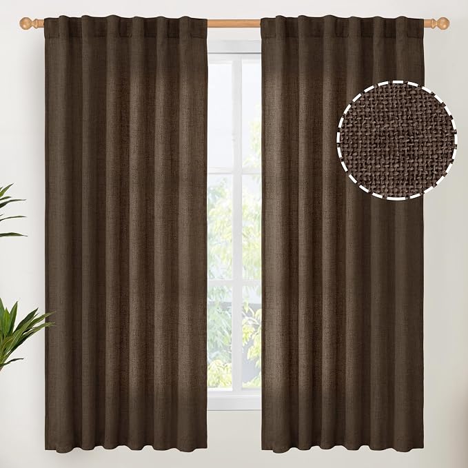 YoungsTex Brown Linen Curtains for Living Room 63 Inches Long, Chocolate Semi by YoungsTex