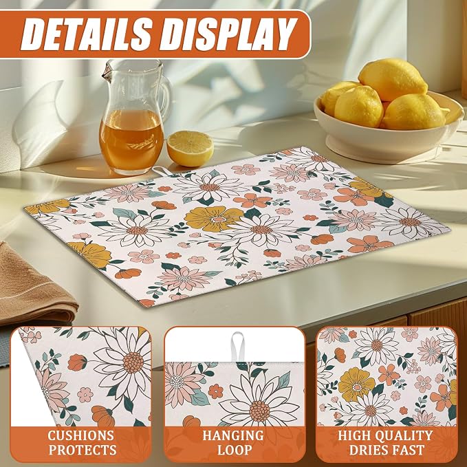 Boho Flower Dish Drying Mat for Kitchen Counter Microfiber Absorbent Dish - Image 3