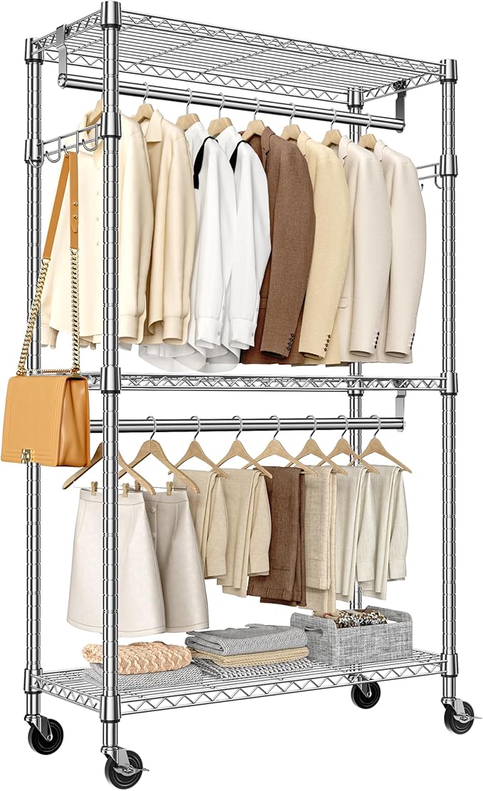 Heavy Duty Rolling Garment Rack 3 Tiers Adjustable Wire Shelving Clothes Rack by MEIGAOPLASTICANDMETALHKCOLIMITED