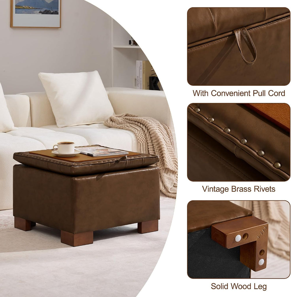 WUTUTUEE 24" Faux Leather Square Storage Ottoman with Wooden Tray, Moder...