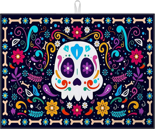 Sugar Skull Dish Drying Mat for Kitchen Counter Microfiber Absorbent Dish Day by VisittheDuibelproduct