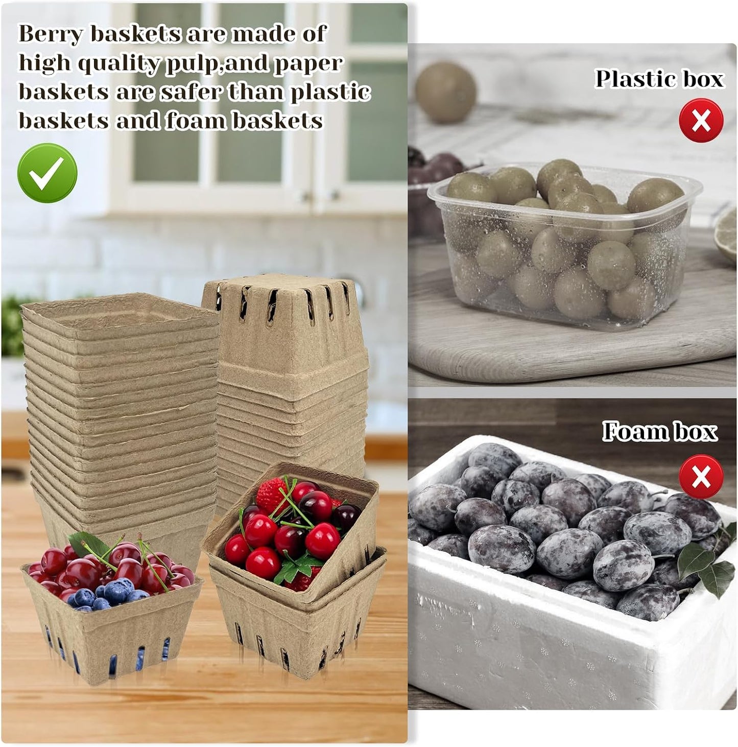 Rainmae 50 Pack Natural Pulp Fiber Berry Basket, Molded Berry Basket Produce Vented Container for Strawberry Blueberry Raspberry and Vegetable, Farmer Market, Grocery Stores, Backyard Party