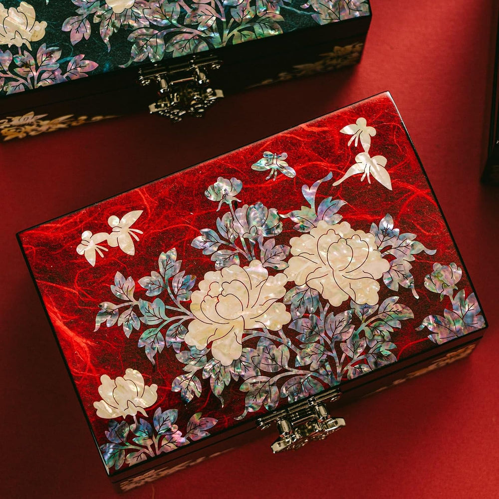 February Mountain Korean Mother of Pearl Jewelry Box – Red Floral Peony Desig...