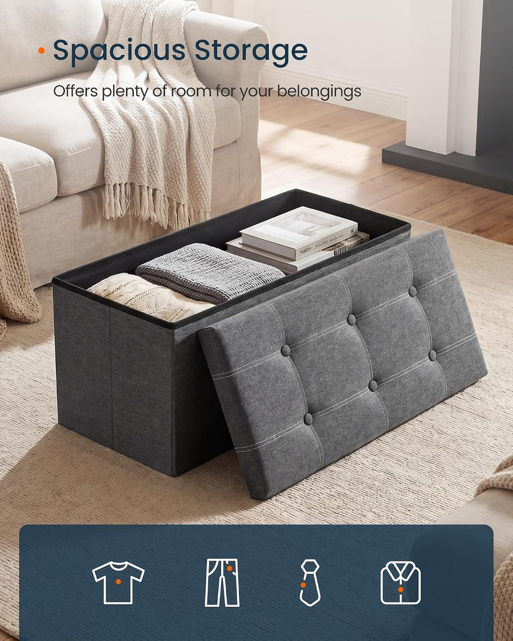 SONGMICS HOME Storage Ottoman, 21 Gallons End of Bench, 15.2 x 30.2 x 15.2 In...