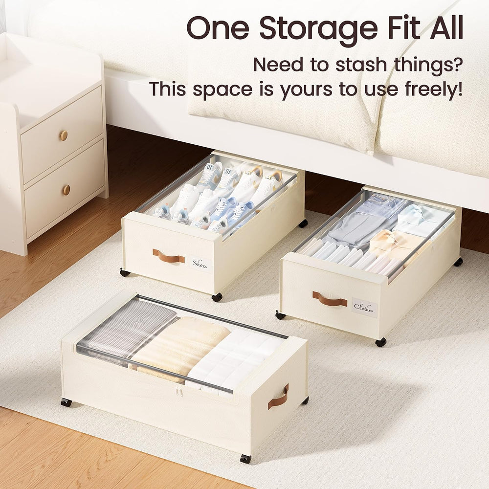 Yecaye 95L Under Bed Storage Containers, Fits 11" Under Bed, 2 Pack, Beige