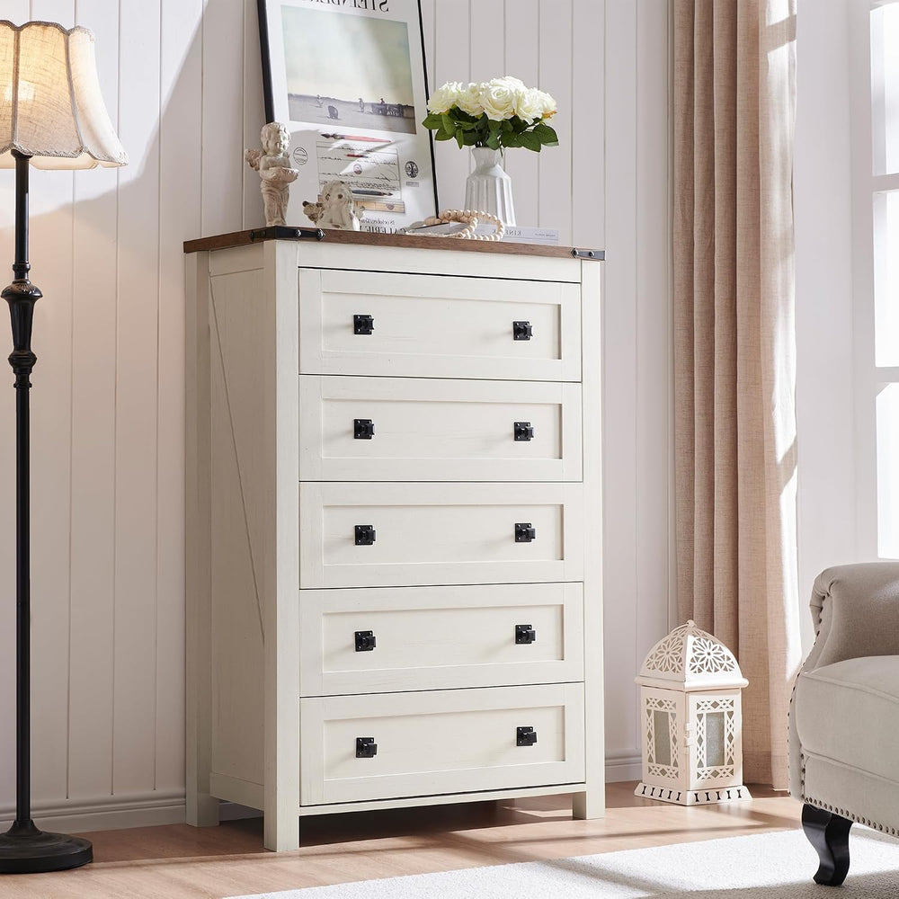 T4TREAM 48" Tall Farmhouse 5-Drawer Dresser for Bedroom, Antique White