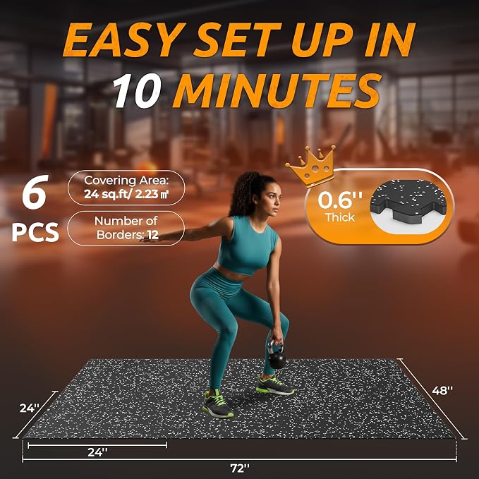 PRAISUN 0.6" Thicker Gym Mat, 6 Tiles 24 Sq Ft Workout Mats, Interlocking Foam - Image 5