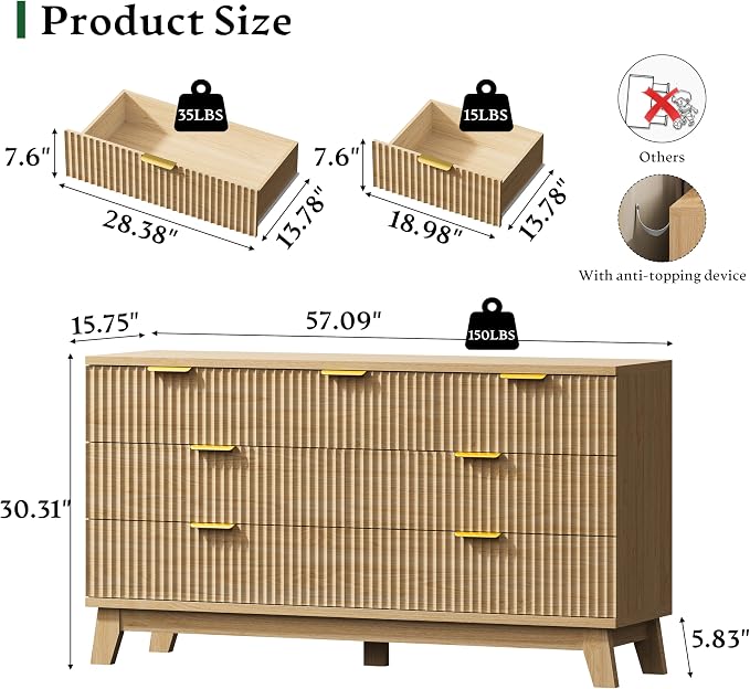 Fluted Dresser with 7 Drawers, Wooden Dresser TV Stand, Wood Closet Clothes - Image 2