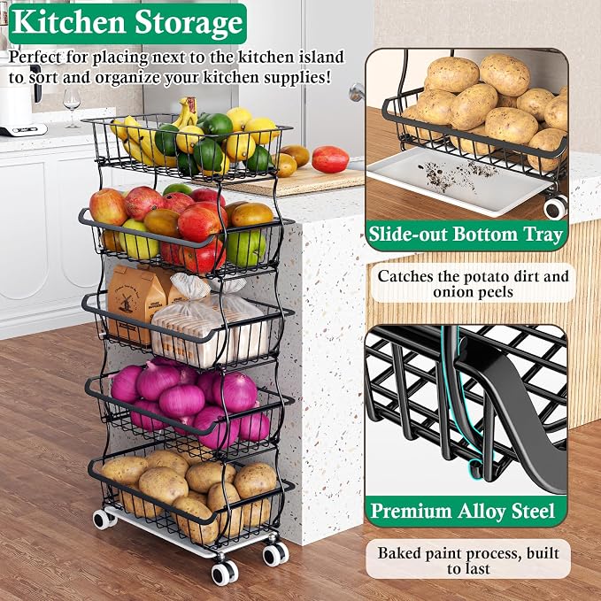 5 Tier Fruit Basket for Kitchen, Stackable Bins Wire Rack - Image 3