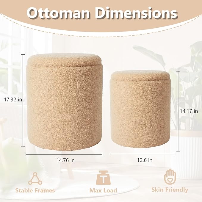 Boucle Round Ottoman with Storage Set of 2, Small Foot Stool Ottoman - Image 3