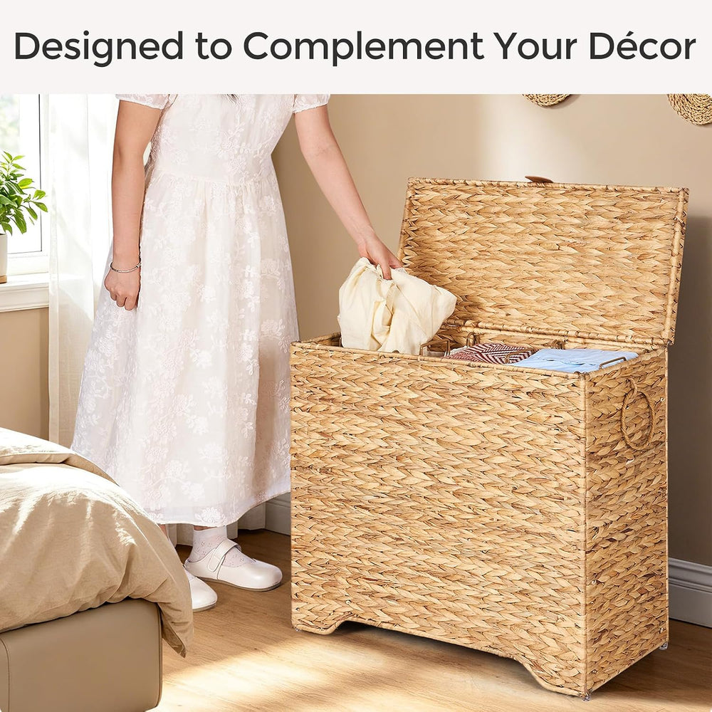 130L Wicker Laundry Hamper, 3-Section Laundry Basket with Lid