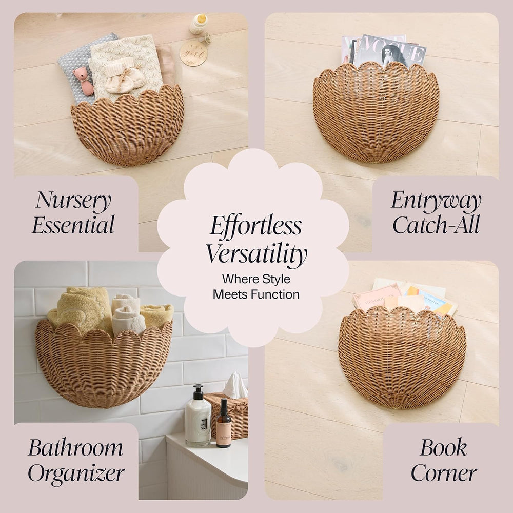 BEBE BASK The Original Scalloped Wicker Wall Basket – Set of 2 (16x10x7 In)