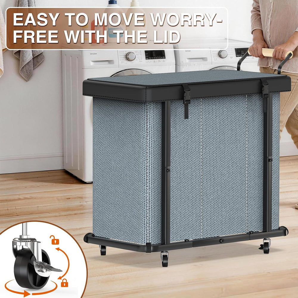 Rolling Laundry Hamper with Wheels, Laundry Hamper 3 Section with Lid Gray