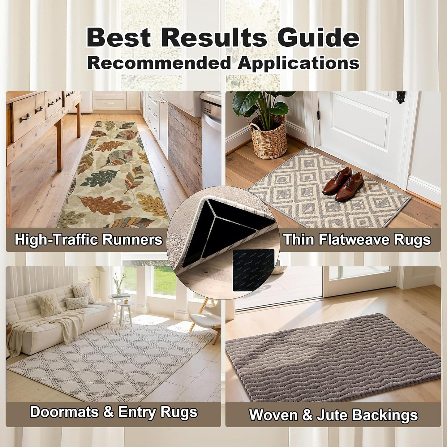 14PCS Rug Grippers for Hardwood Floors, Non Slip Corner Rug Tape | Triangle, Trapezoid & Square Design.Adhesive Rug Pads for Tiles & Area Rugs.Removable Double Sided Floor Grippers