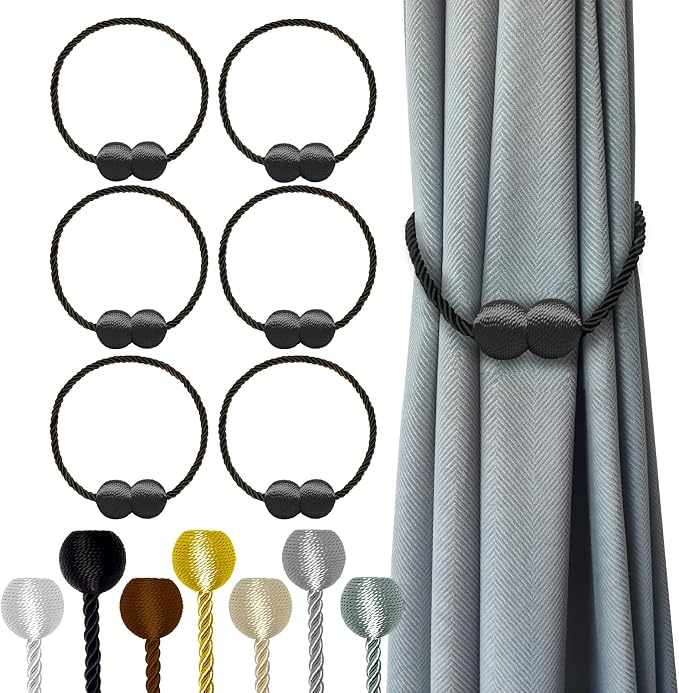 Hion Magnetic Curtain Tiebacks Black 6 Pack, Curtain Tiebacks Buckles Holdbacks by Hion