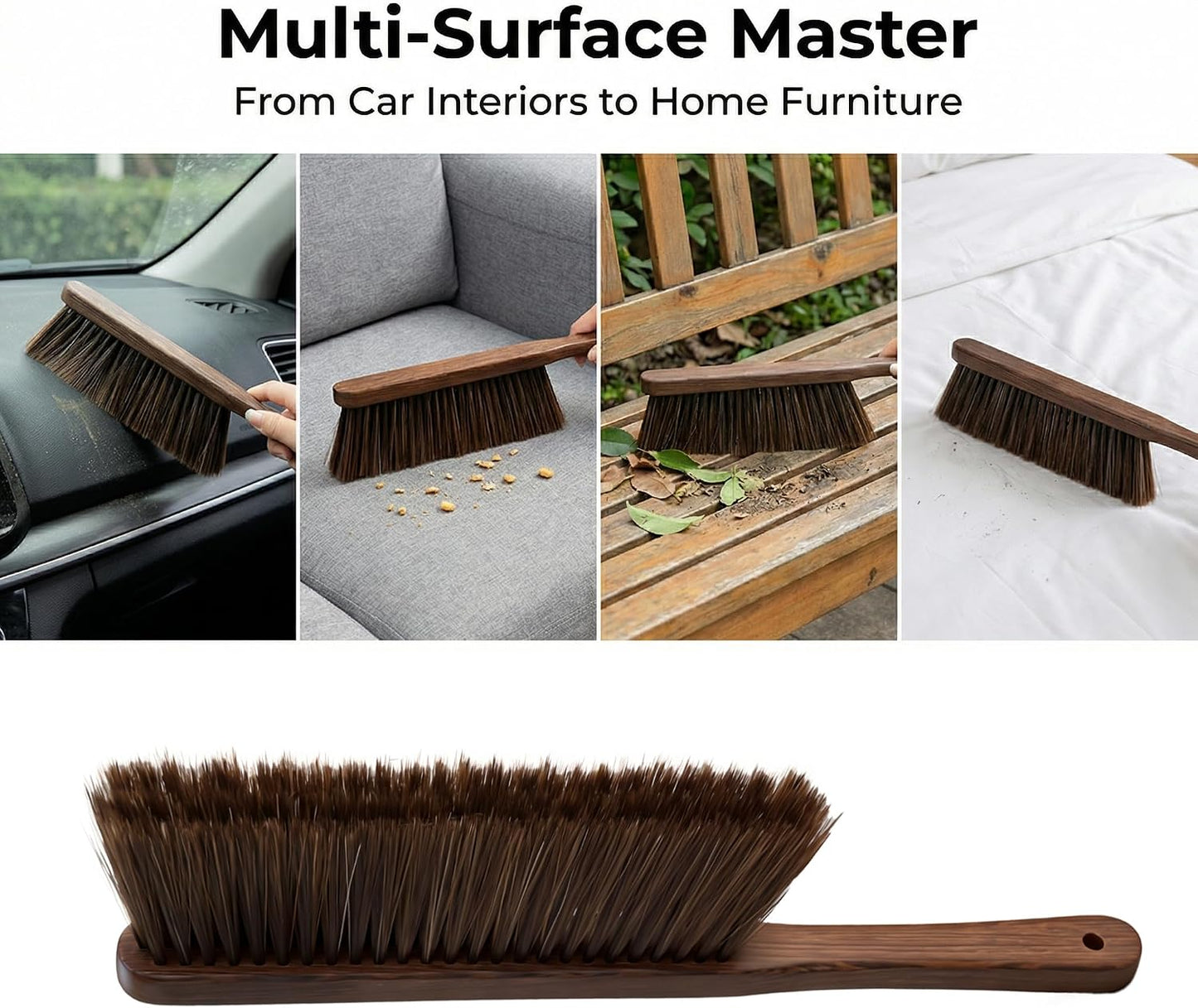 Hand Broom with Soft Horsehair Bristles, Wooden Handle, Dusting Brush for Car, Bed, Furniture, and Couch