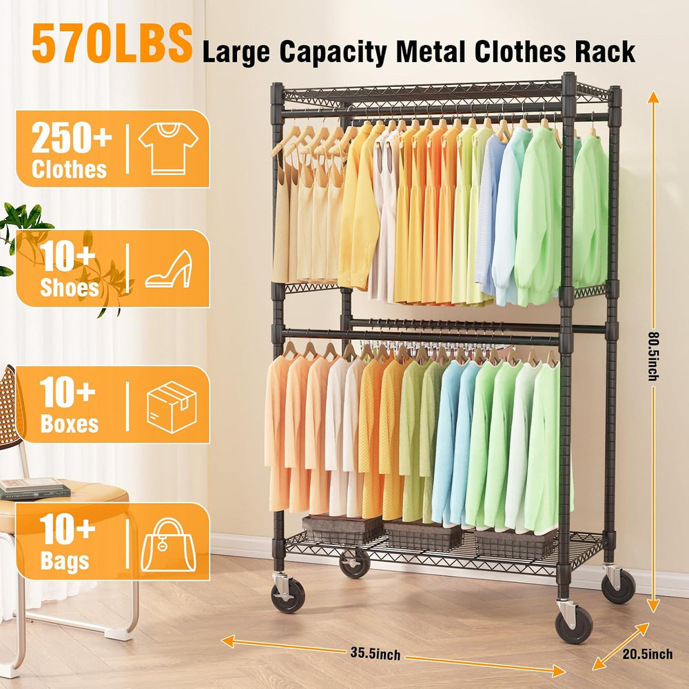 Himimi Double Rods Clothes Rack Heavy Duty, Adjustable Metal Garment Rack wit...