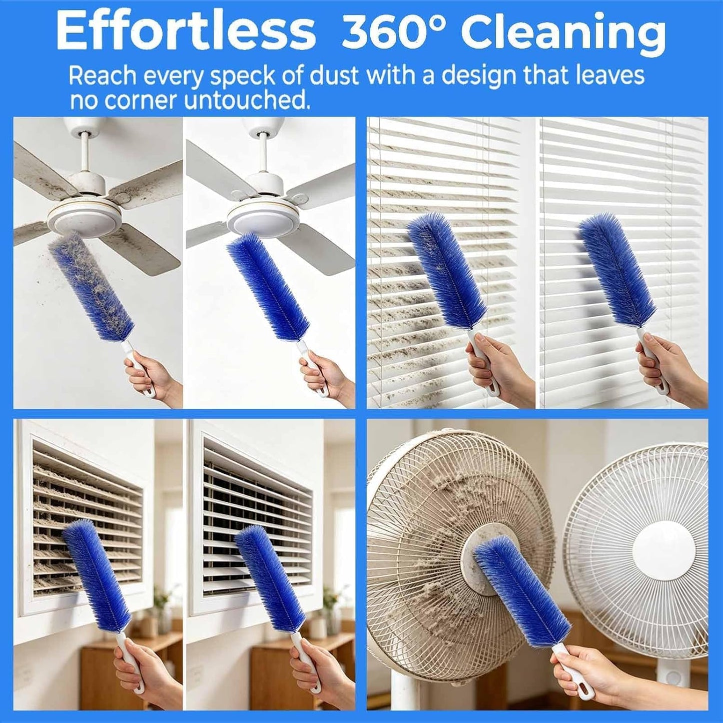 Bendable Microfiber Head, Reusable Dust Remover, 90° Flexible Ceiling & Fan Dust Magnet, Fan Cleaning Brush, Multi-Purpose Dust Removal Brush (2pcs-Blue)