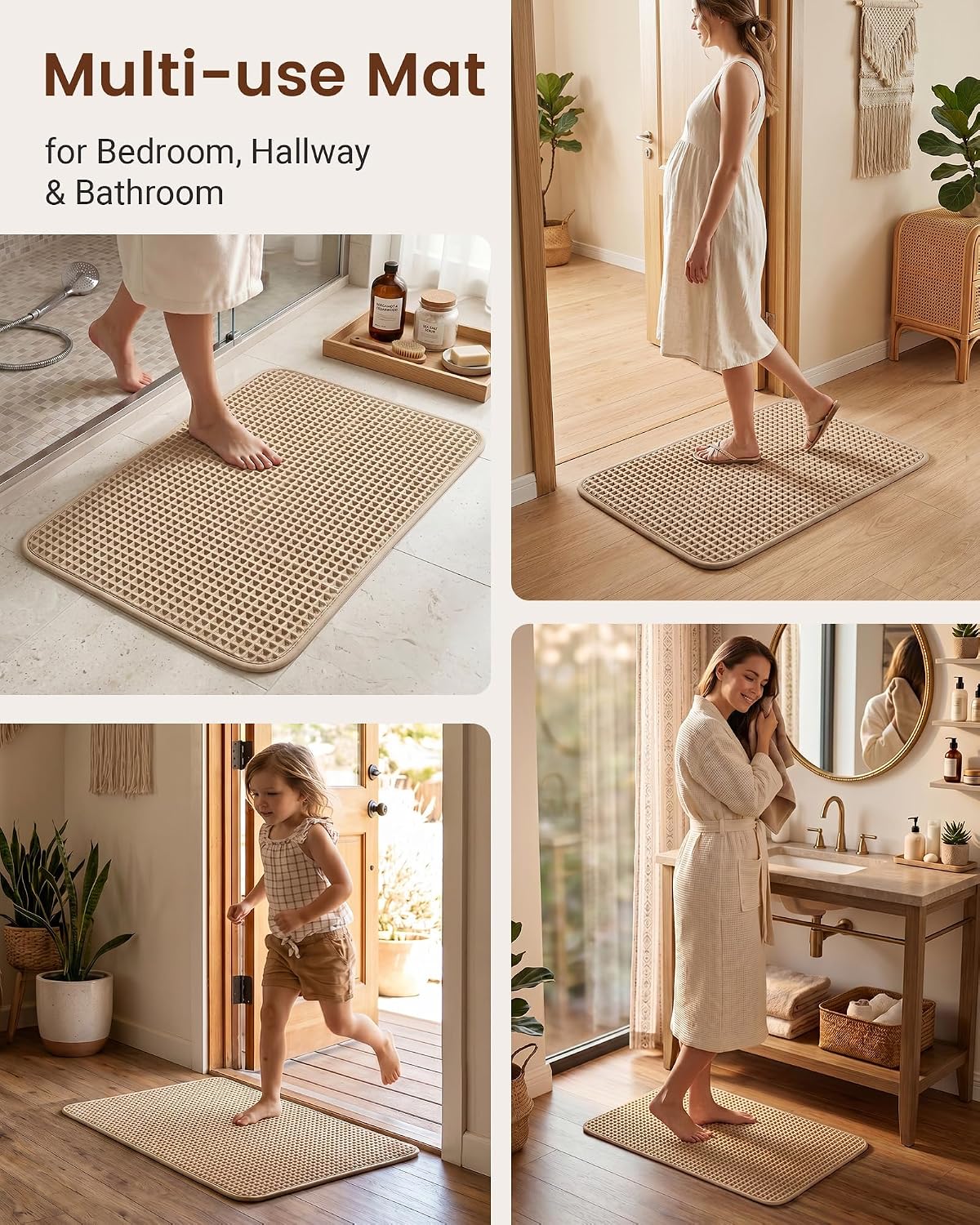 Furicher Upgraded Non Slip Waffle Bath Mat, Super Absorbent Bathroom Rugs, 20x30 inch Boho Decor Kitchen Rug, Soft & Machine Washable Bathroom Floor Mat for Tub, Sink, Vanity, Entryway (Brown)