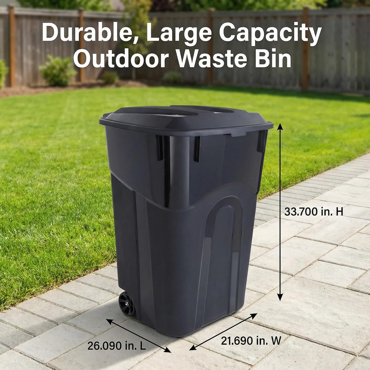 32 Gallon Wheeled Heavy Duty Plastic Garbage Can with Attached Lid – Rugged Wheels, Easy Grip Handle for Indoor/Outdoor Use