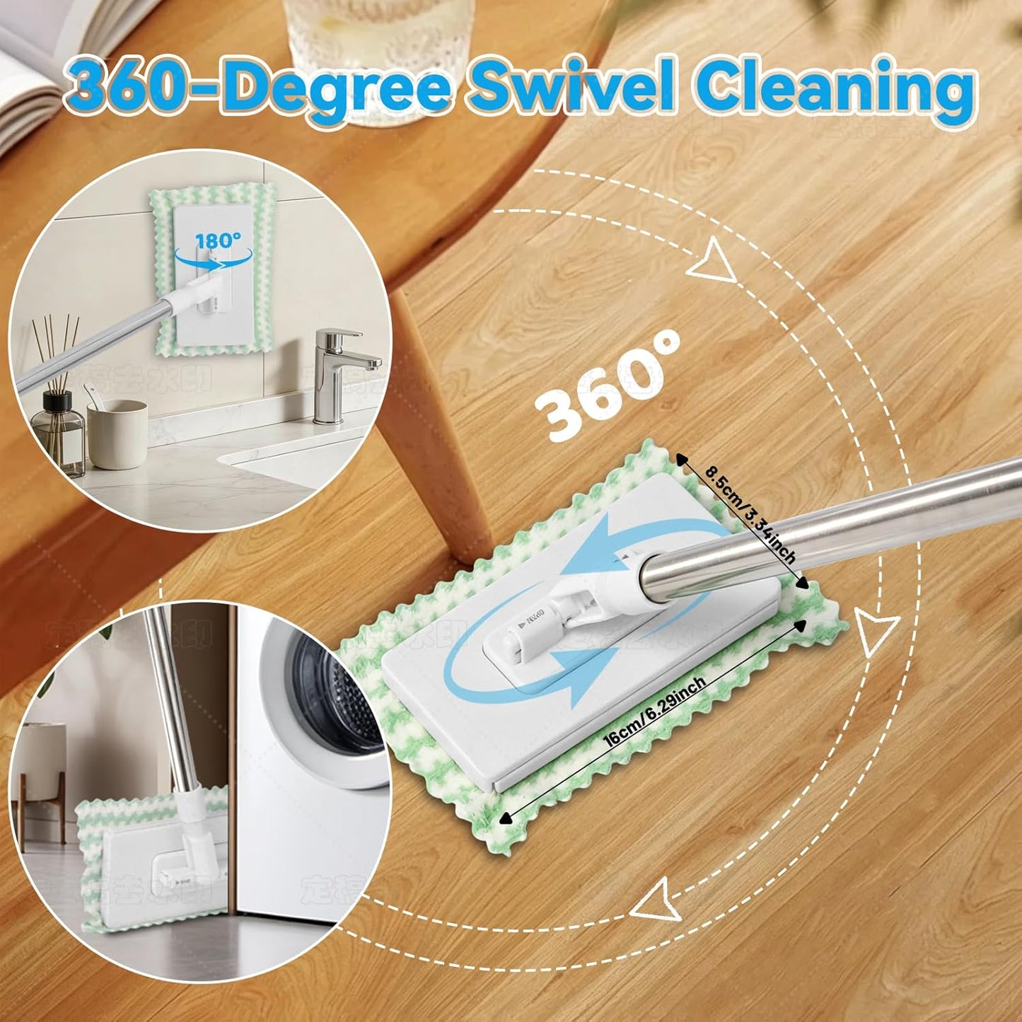 Upgraded Zero Touch Snap Grip Mini Mop, Hands Free Push Pull Handle, Easy Cloth Change Portable Cleaner for Kitchen Bathroom Car, 1 Mop & 10 Reusable Washable Cloths