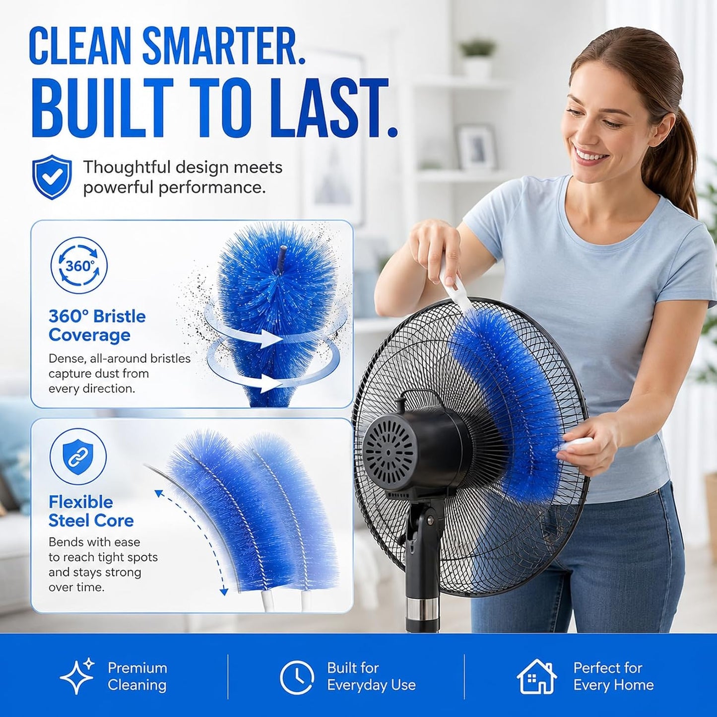 2Pcs Flexible Duster with Bendable Microfiber Head, Reusable Dust Remover, Fan Brush Cleaner for Ceiling Fans, Blinds, Furniture, Cars, Home Cleaning Tool with Soft Washable Fiber Head (Grey*4)