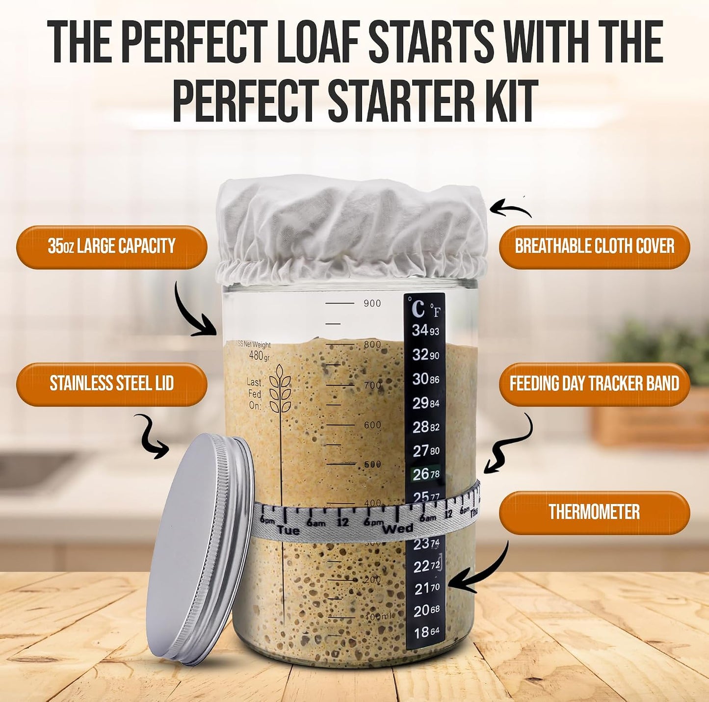 Complete Sourdough Starter Kit and Sourdough Bread Baking Supplies - Includes 9" Banneton Proofing Basket, 34oz Sourdough Starter Jar, Silicone Bread Sling, Scrapers, Bread Lame and Measuring Spoons